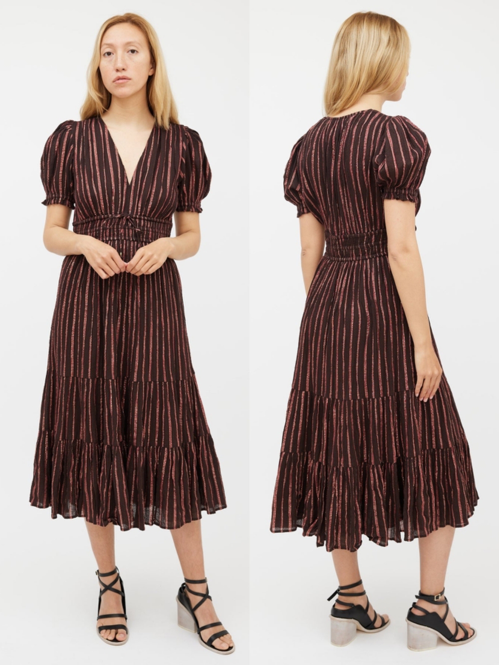 Ulla Johnson Dress Womens 4 Plum Cotton Zaria Metallic Striped Midi Puff Sleeve